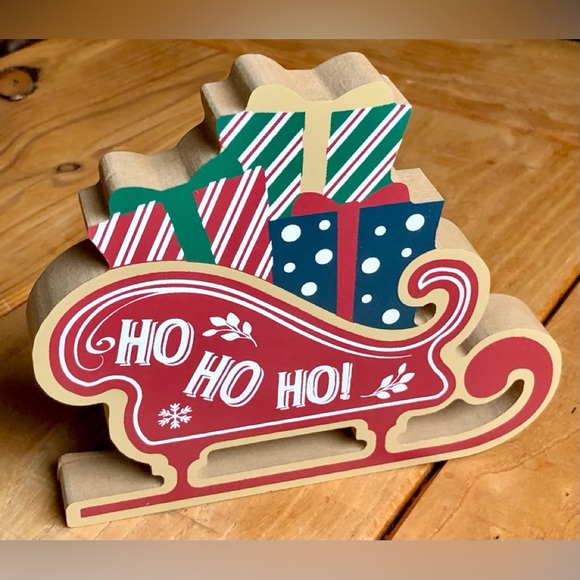 Christmas Joy Gift Box and Ho Ho Ho Sleigh Stand Up Shelf Tabletop Decor Bundle - Picture 2 of 5